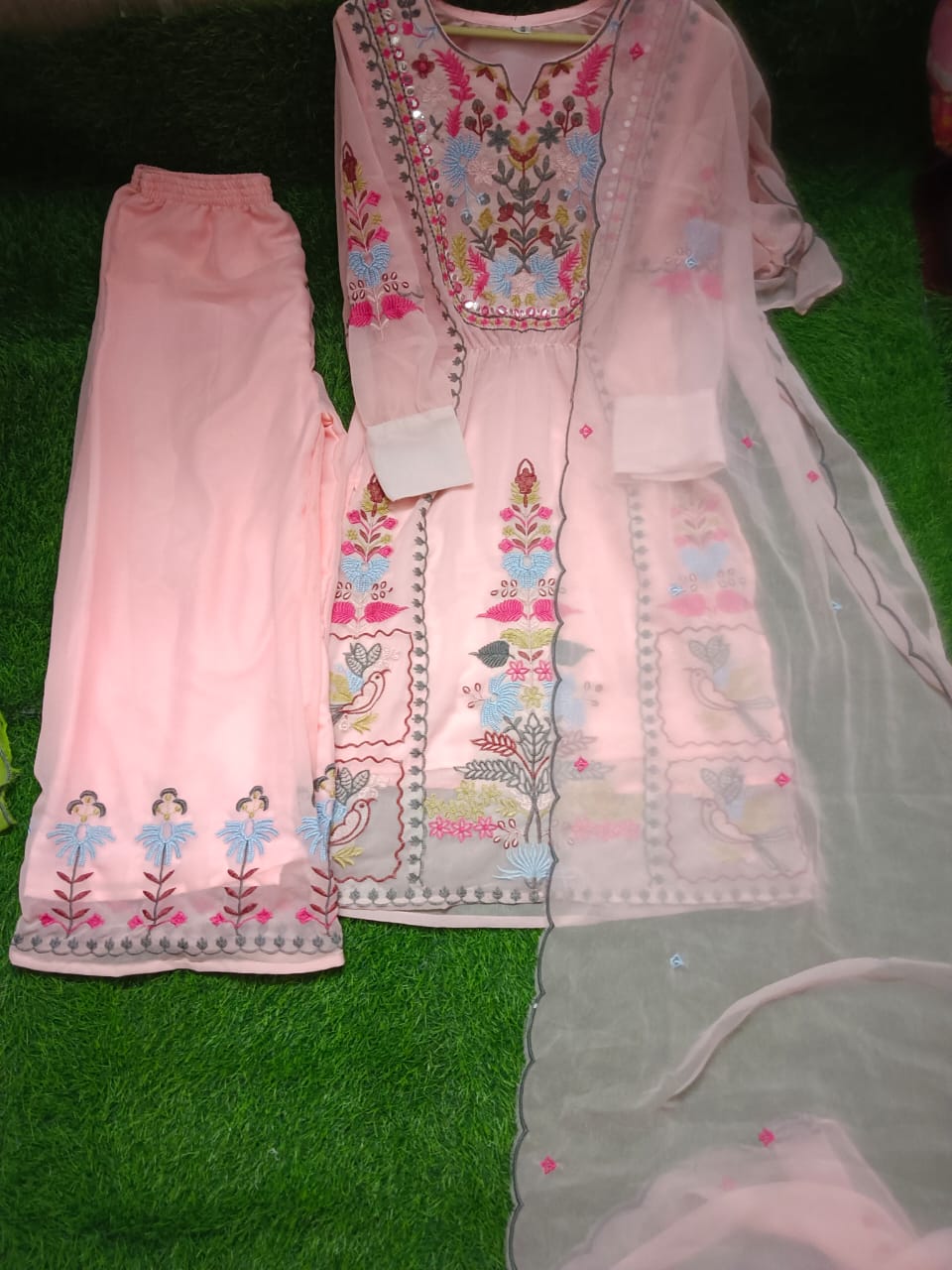 Georgette Embroidered Kurti Palazzo Dupatta Set with Mirror Work and Lining