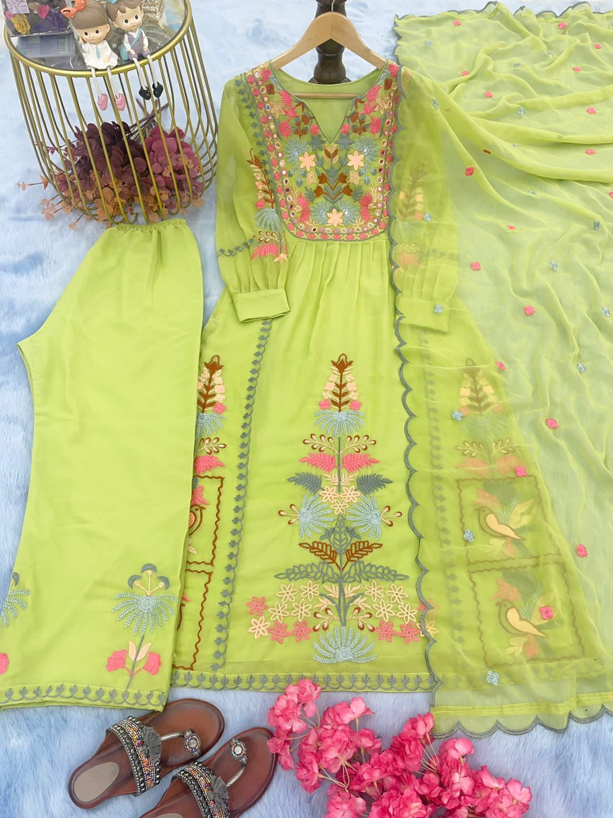 Georgette Embroidered Kurti Palazzo Dupatta Set with Mirror Work and Lining