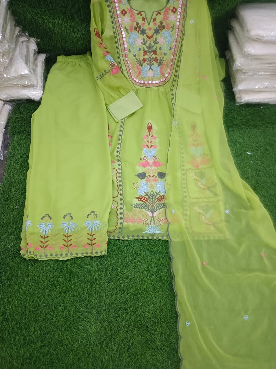 Georgette Embroidered Kurti Palazzo Dupatta Set with Mirror Work and Lining