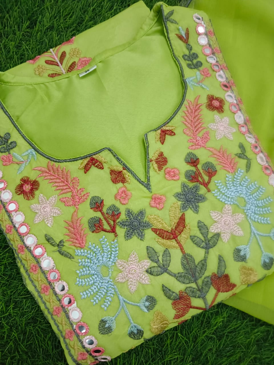 Georgette Embroidered Kurti Palazzo Dupatta Set with Mirror Work and Lining