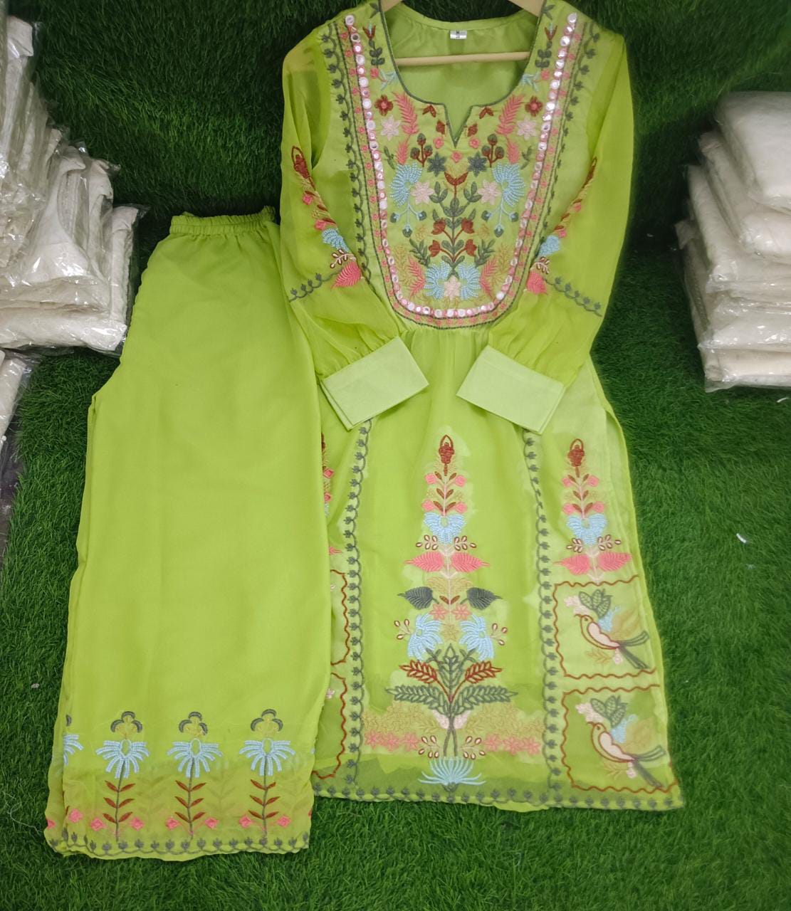 Georgette Embroidered Kurti Palazzo Dupatta Set with Mirror Work and Lining