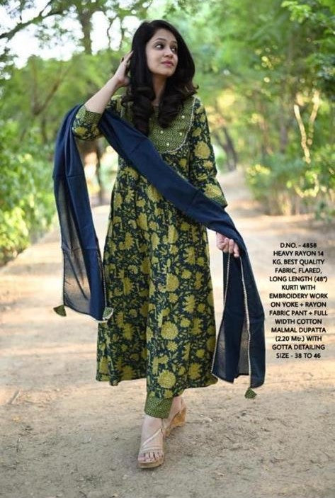 Rayon 14 Kg. Flared Kurti with Embroidery, Gotta Detailing, and Pant-Dupatta Set