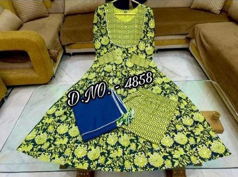 Rayon 14 Kg. Flared Kurti with Embroidery, Gotta Detailing, and Pant-Dupatta Set