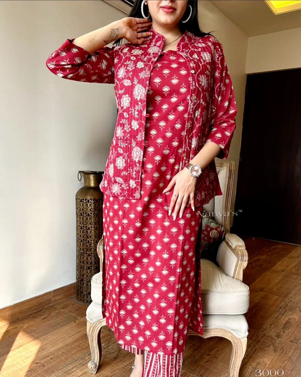 Cotton Kurti Pant Set with Warm Quilted Jacket