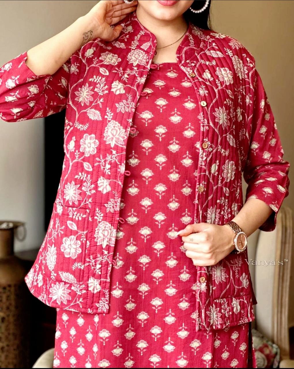 Cotton Kurti Pant Set with Warm Quilted Jacket