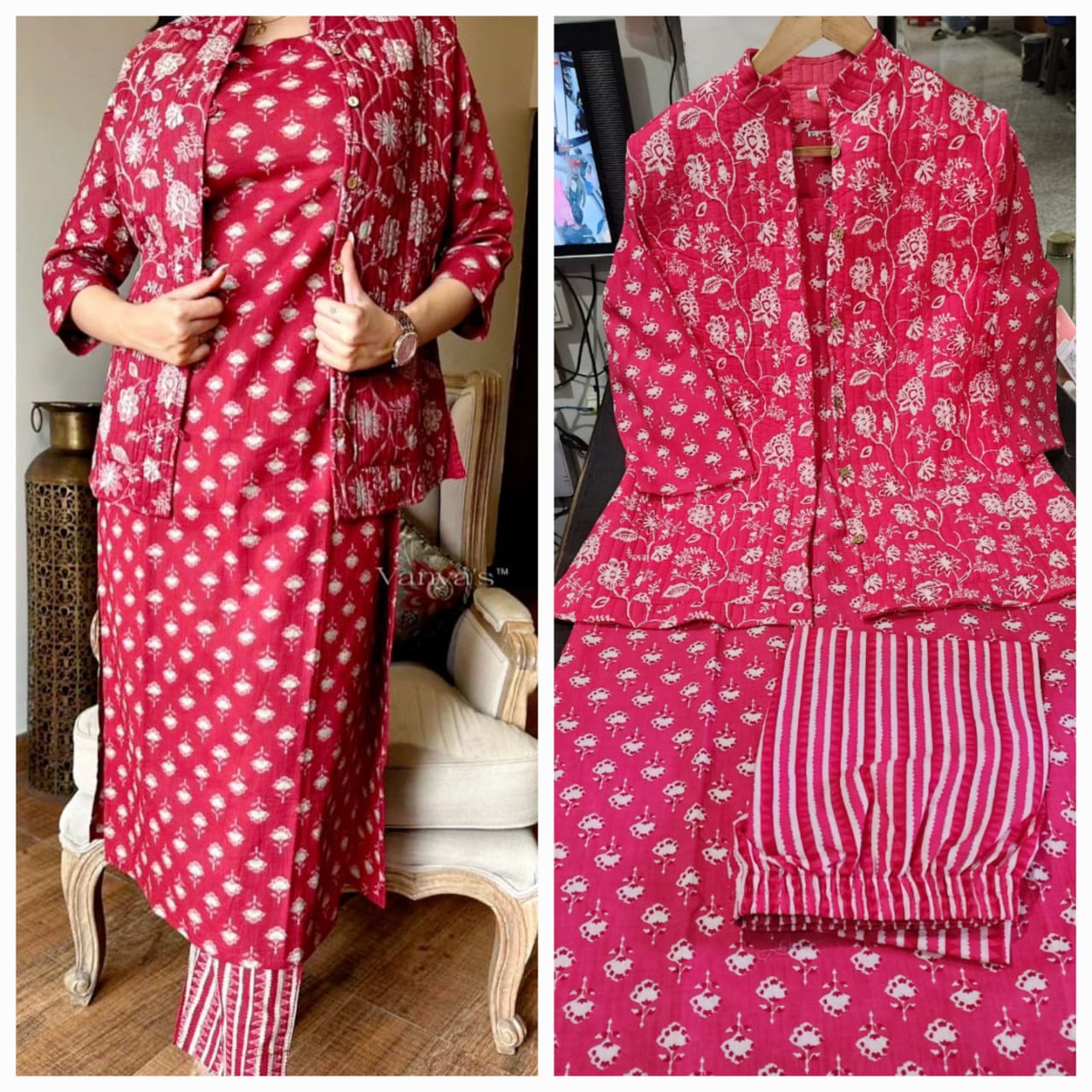 Cotton Kurti Pant Set with Warm Quilted Jacket