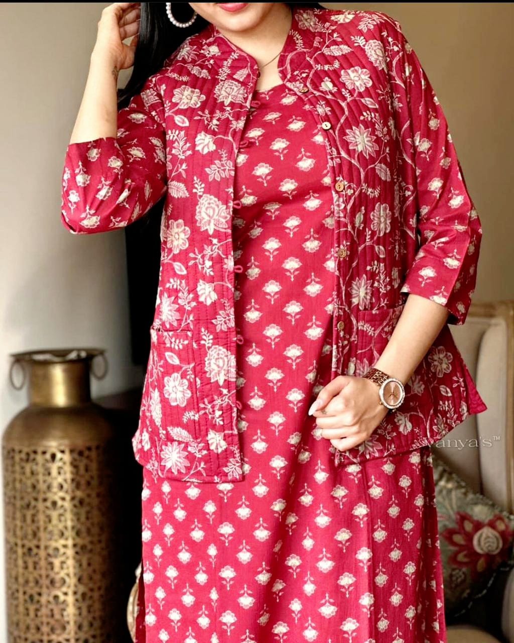 Cotton Kurti Pant Set with Warm Quilted Jacket