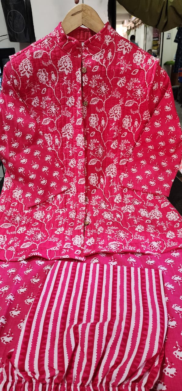 Cotton Kurti Pant Set with Warm Quilted Jacket