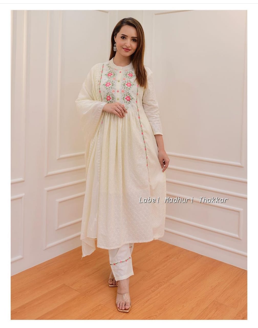 Off-White Cotton Schiffli Chikankari Suit Set