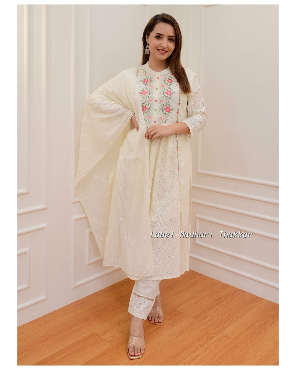Off-White Cotton Schiffli Chikankari Suit Set