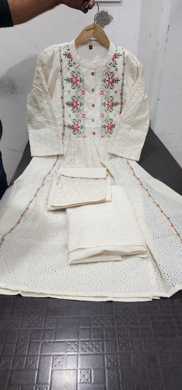 Off-White Cotton Schiffli Chikankari Suit Set