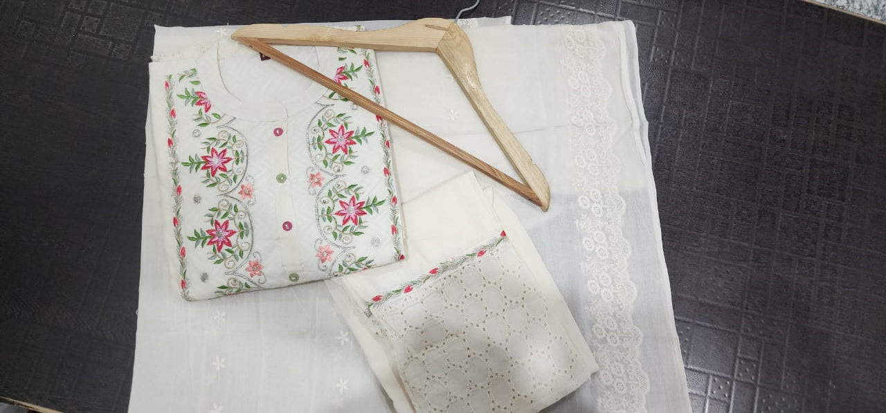 Off-White Cotton Schiffli Chikankari Suit Set