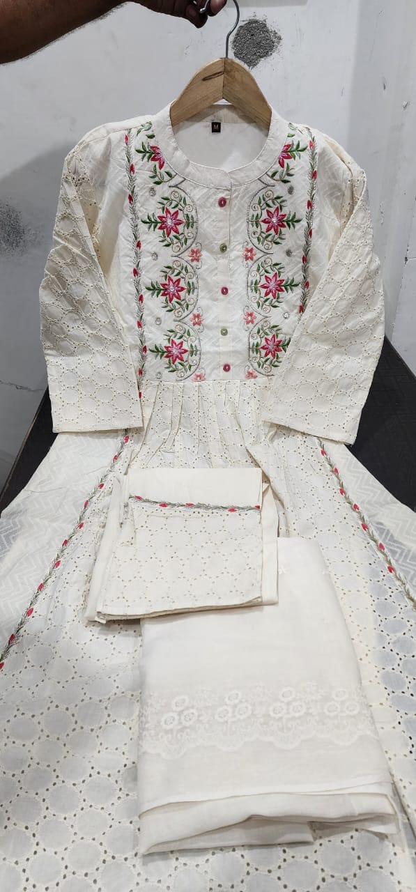 Off-White Cotton Schiffli Chikankari Suit Set