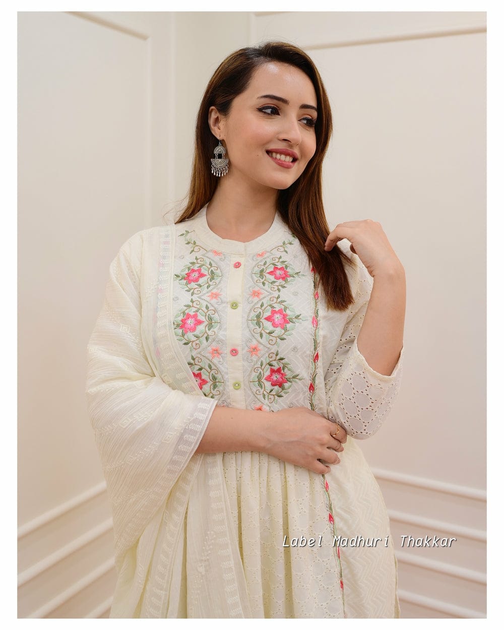 Off-White Cotton Schiffli Chikankari Suit Set