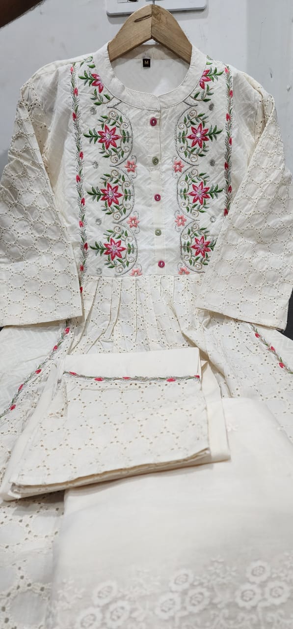 Off-White Cotton Schiffli Chikankari Suit Set