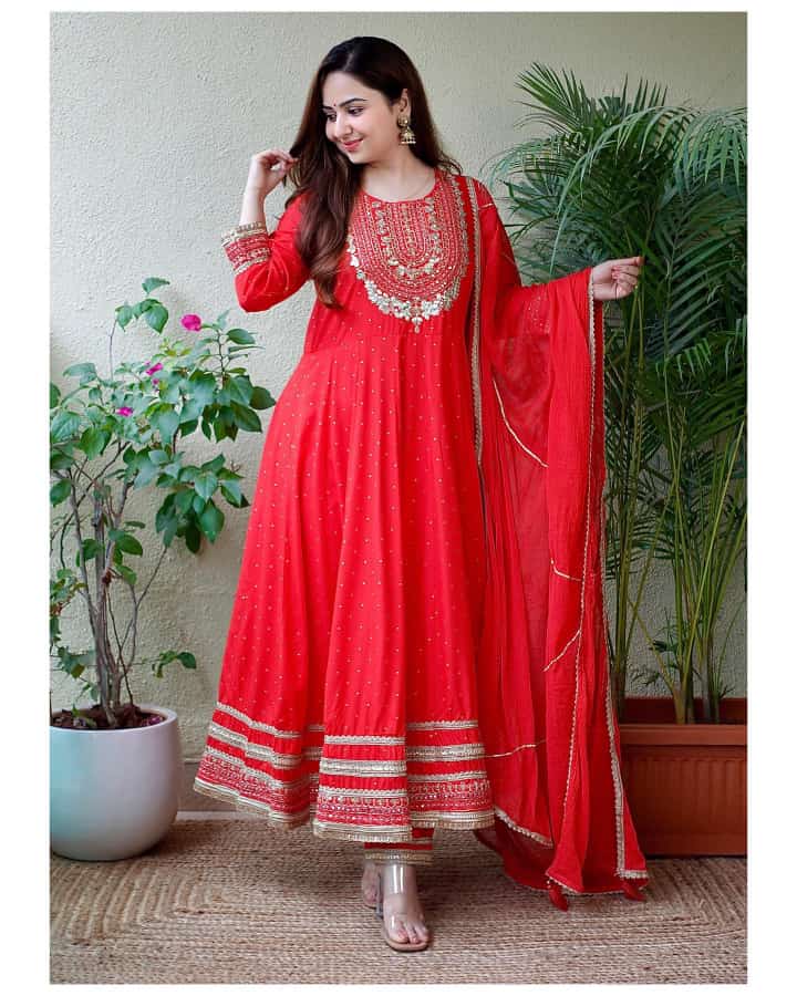 Rayon Print Flair Anarkali Kurti with Pant & Dupatta Set - Gotta Embroidery & Lace Details