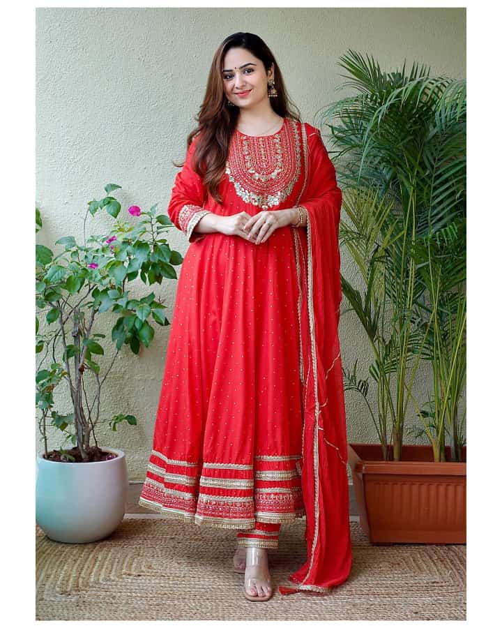 Rayon Print Flair Anarkali Kurti with Pant & Dupatta Set - Gotta Embroidery & Lace Details