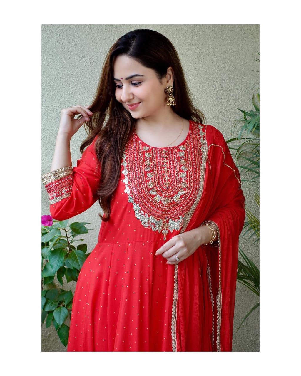 Rayon Print Flair Anarkali Kurti with Pant & Dupatta Set - Gotta Embroidery & Lace Details