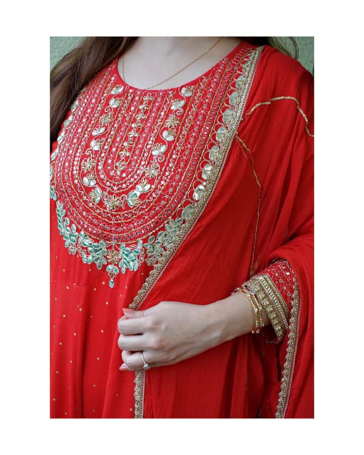 Rayon Print Flair Anarkali Kurti with Pant & Dupatta Set - Gotta Embroidery & Lace Details