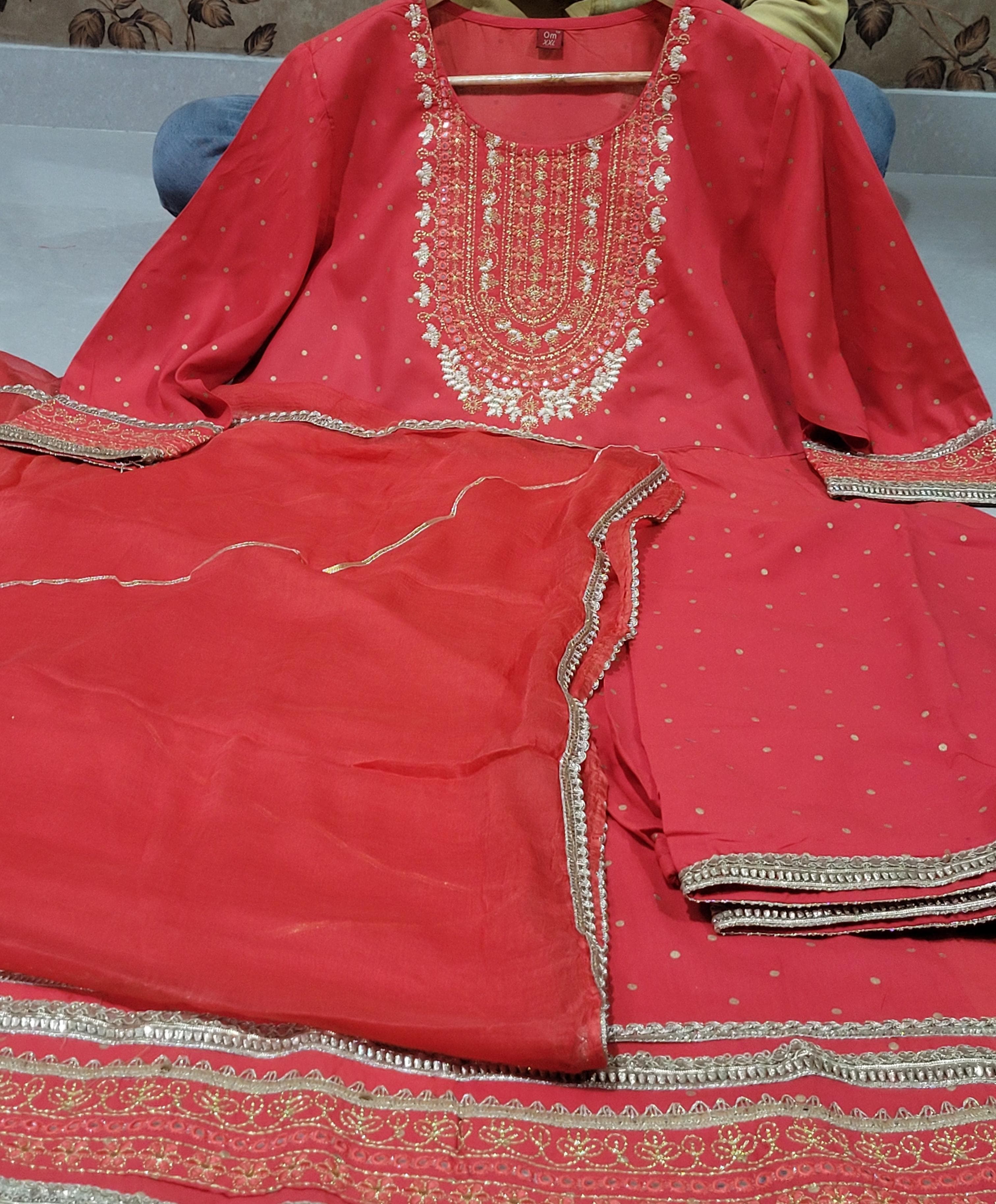 Rayon Print Flair Anarkali Kurti with Pant & Dupatta Set - Gotta Embroidery & Lace Details