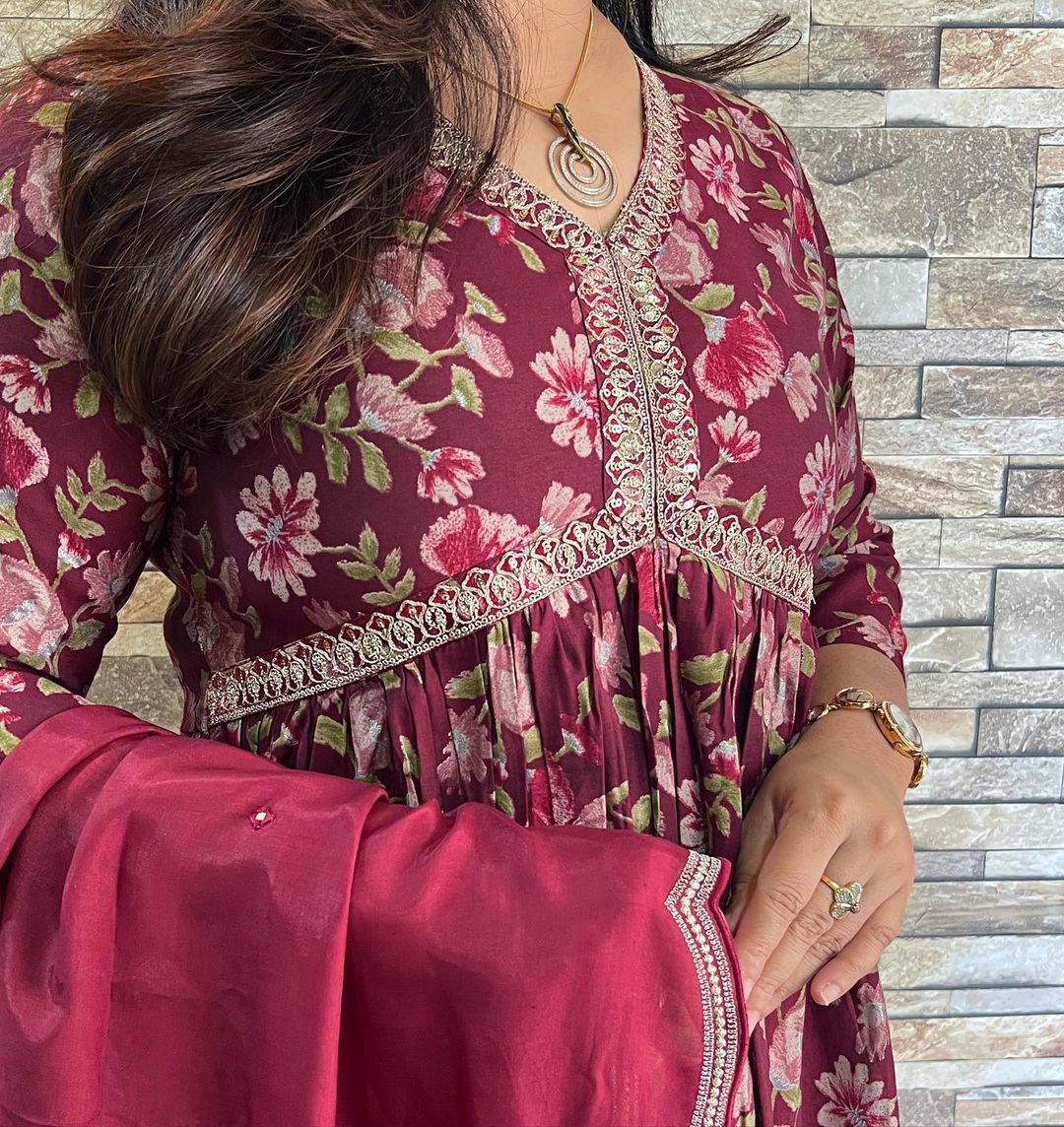 Wine Rayon Suit Set with Alia Cut and Embroidery