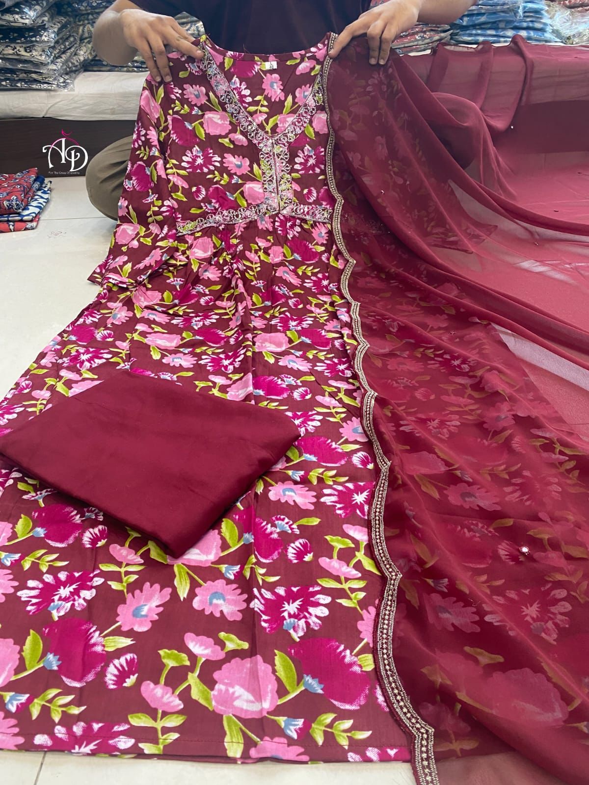 Wine Rayon Suit Set with Alia Cut and Embroidery
