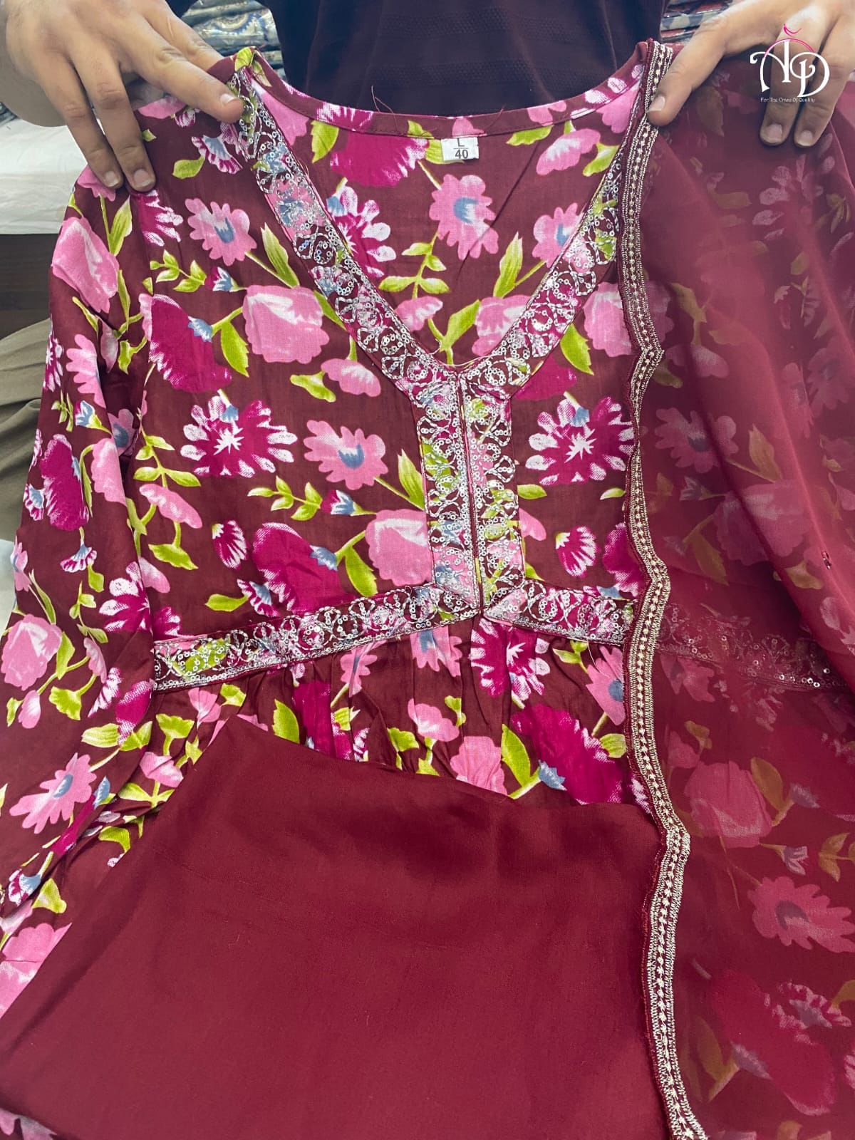 Wine Rayon Suit Set with Alia Cut and Embroidery
