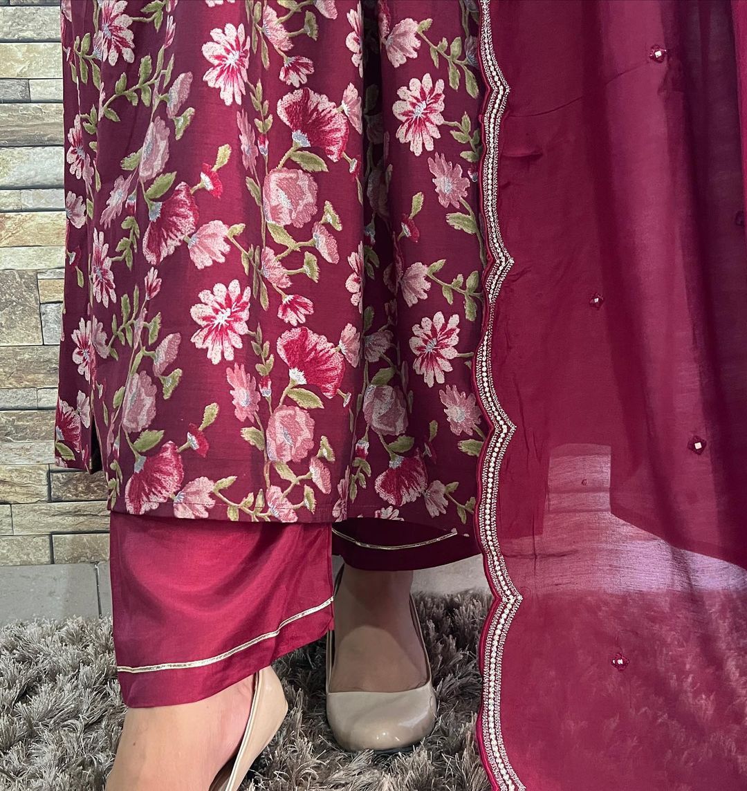 Wine Rayon Suit Set with Alia Cut and Embroidery