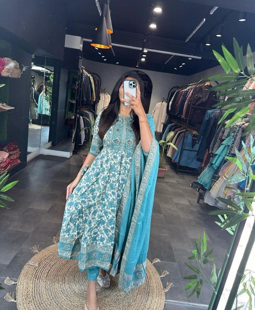 Sanganeri Print Flared Suit with Adda Work in Rayon