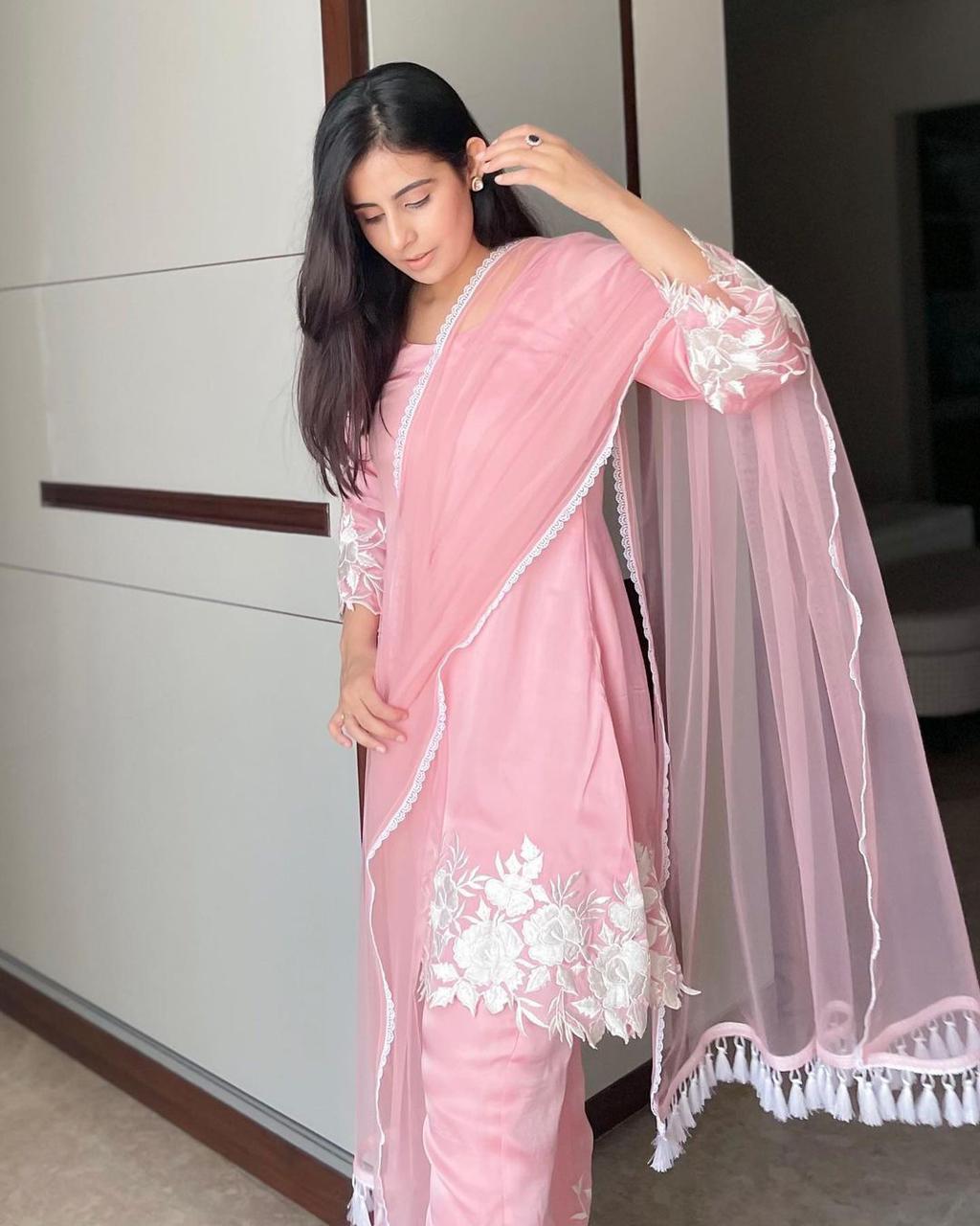 Embroidered Rayon Kurti Pant Set with Organza Dupatta