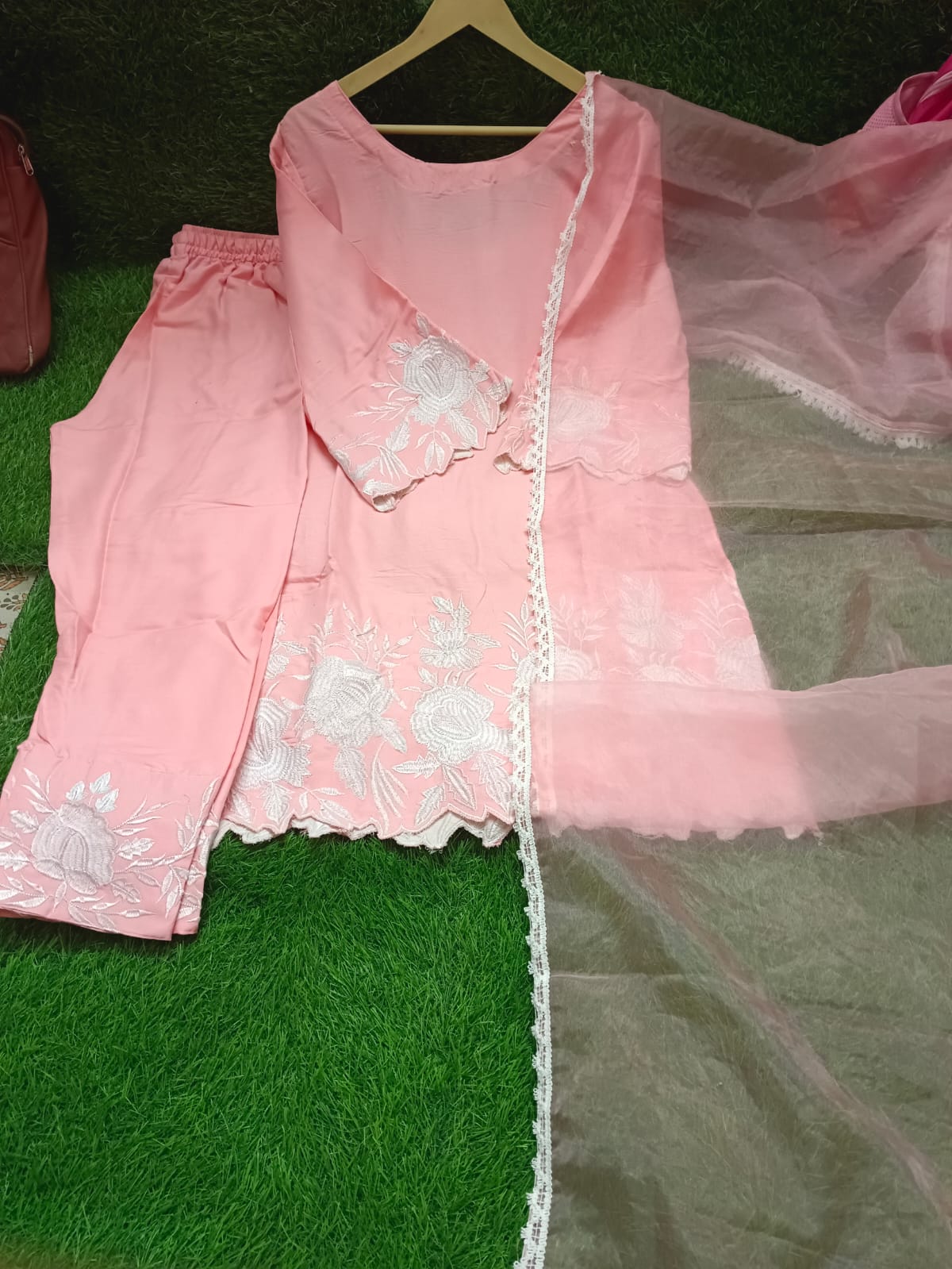 Embroidered Rayon Kurti Pant Set with Organza Dupatta