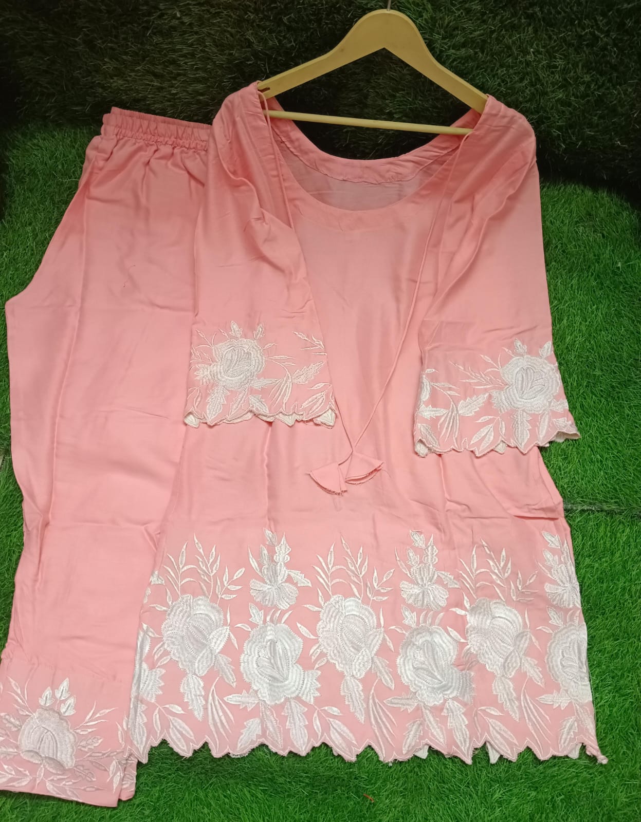 Embroidered Rayon Kurti Pant Set with Organza Dupatta
