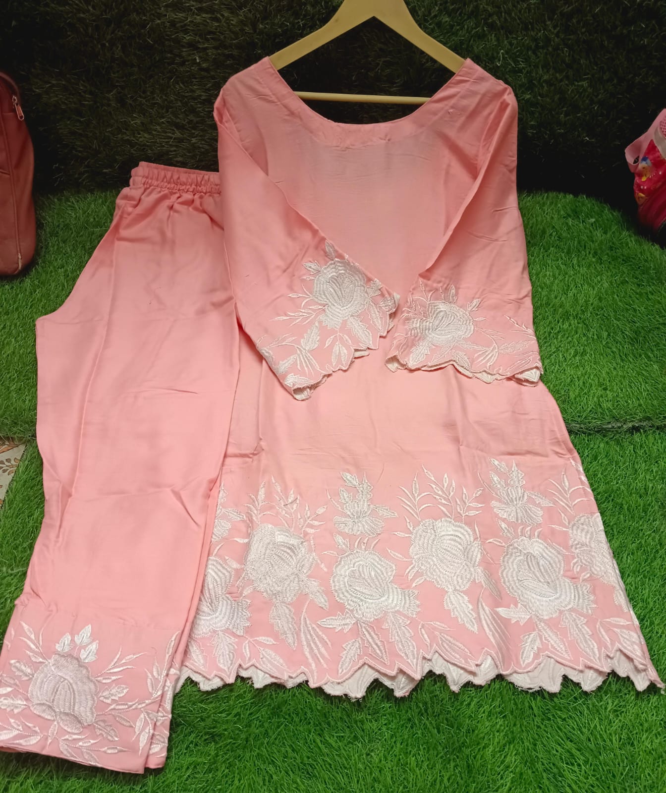 Embroidered Rayon Kurti Pant Set with Organza Dupatta