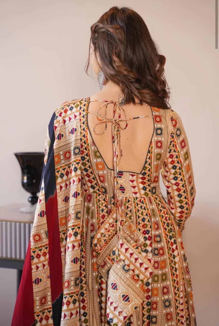 Rayon Gown with Mulmul Dupatta - Printed Design with Tassel and Gota Lace Work