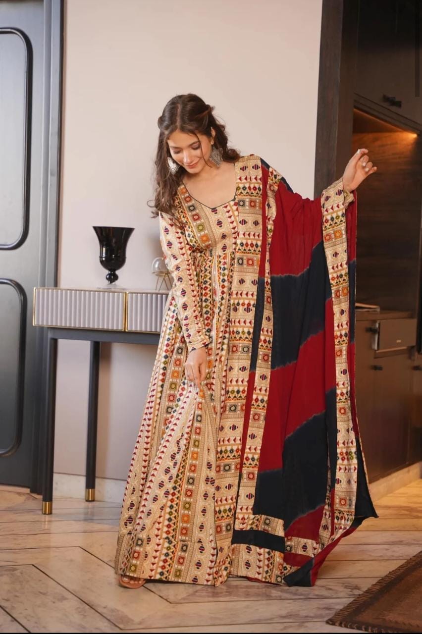 Rayon Gown with Mulmul Dupatta - Printed Design with Tassel and Gota Lace Work