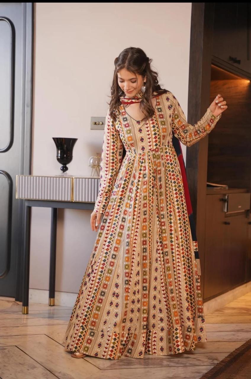 Rayon Gown with Mulmul Dupatta - Printed Design with Tassel and Gota Lace Work