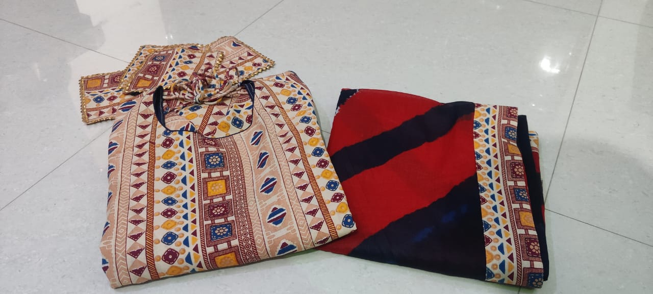 Rayon Gown with Mulmul Dupatta - Printed Design with Tassel and Gota Lace Work