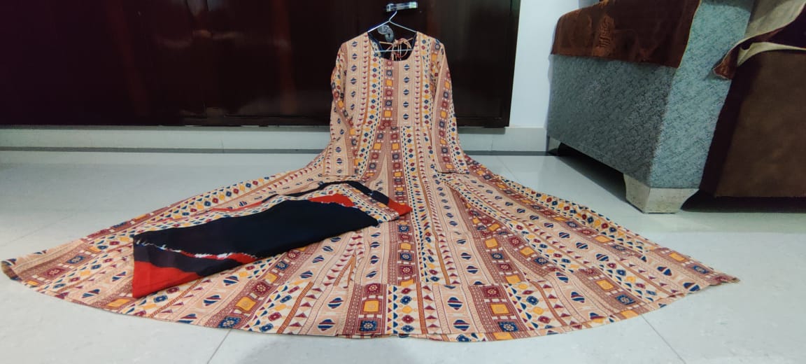 Rayon Gown with Mulmul Dupatta - Printed Design with Tassel and Gota Lace Work