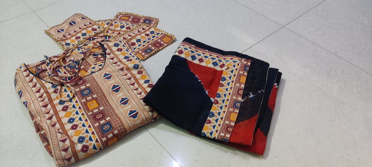 Rayon Gown with Mulmul Dupatta - Printed Design with Tassel and Gota Lace Work