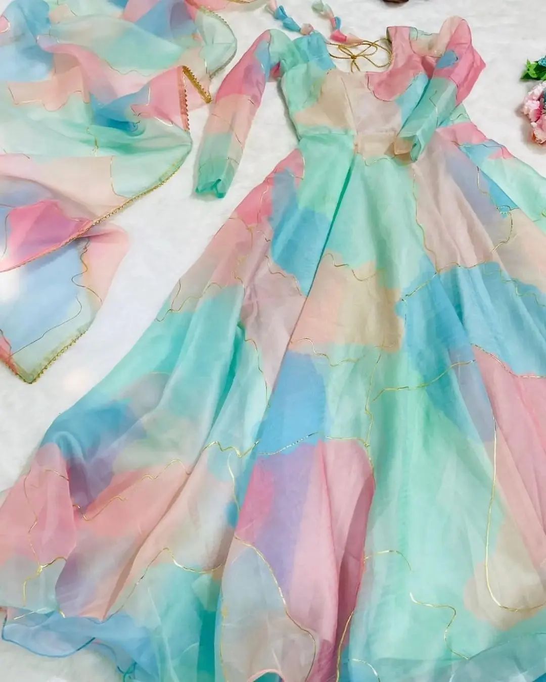 Tabby Silk Organza Gown with Digital Print and Lace Dupatta