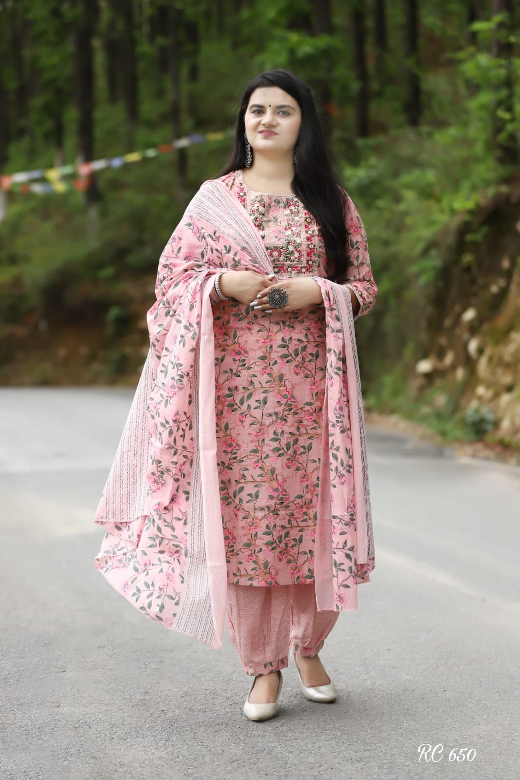 Pink Cotton Embroidered Kurta with Afghani Pant and Dupatta Set