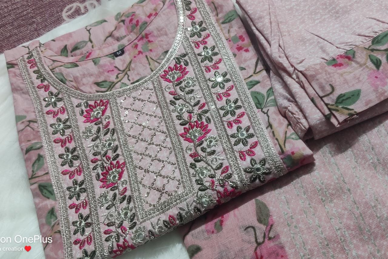 Pink Cotton Embroidered Kurta with Afghani Pant and Dupatta Set