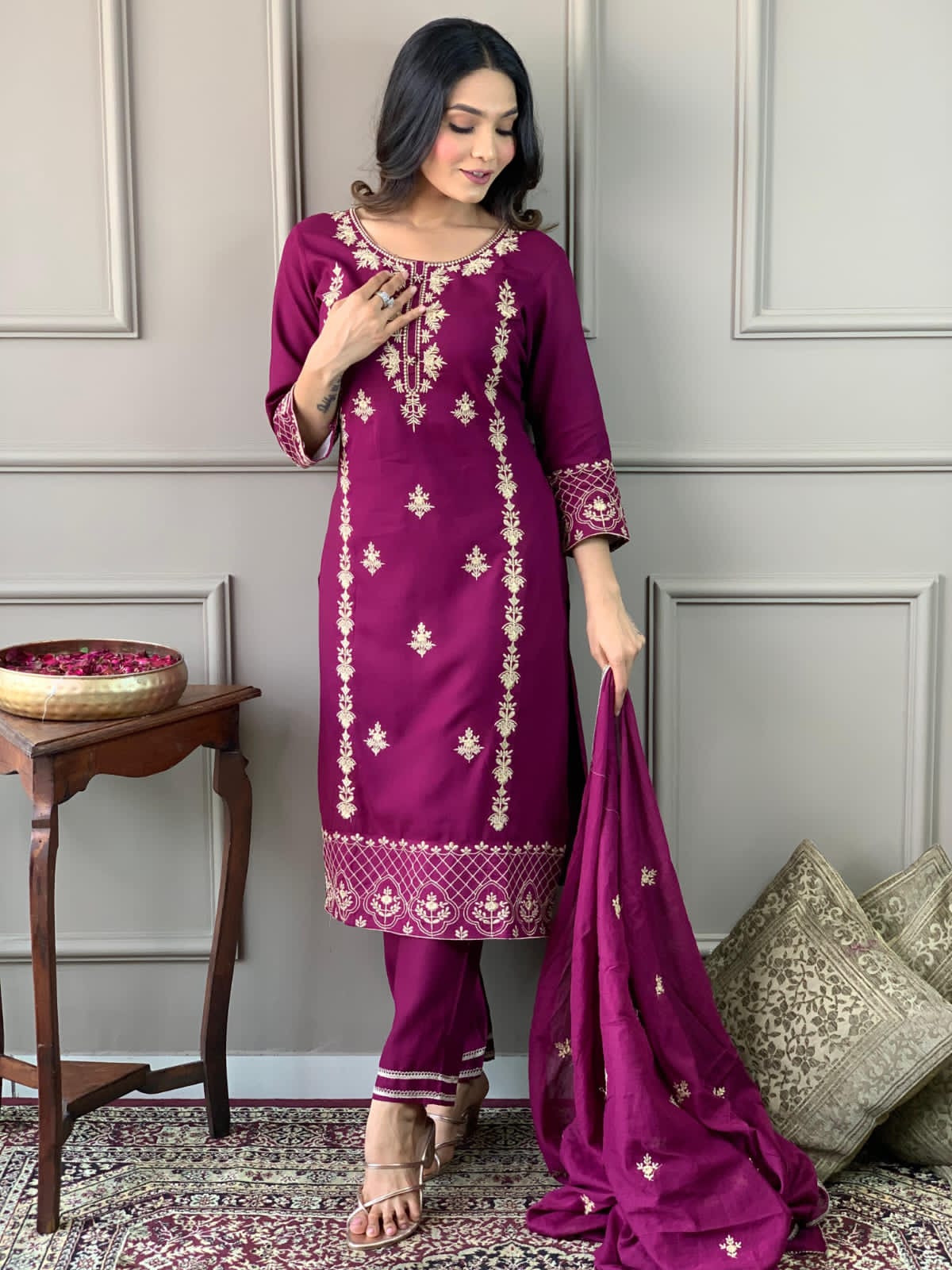Embroidered Kurta Set with Cotton Mul Dupatta