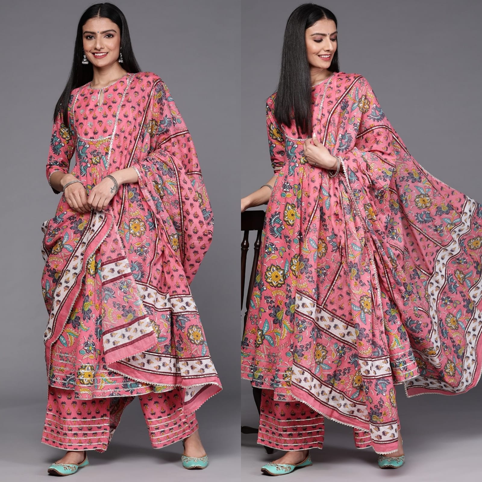 Cotton Anarkali Suit with Proceen Print, Gota Work, and Printed Dupatta