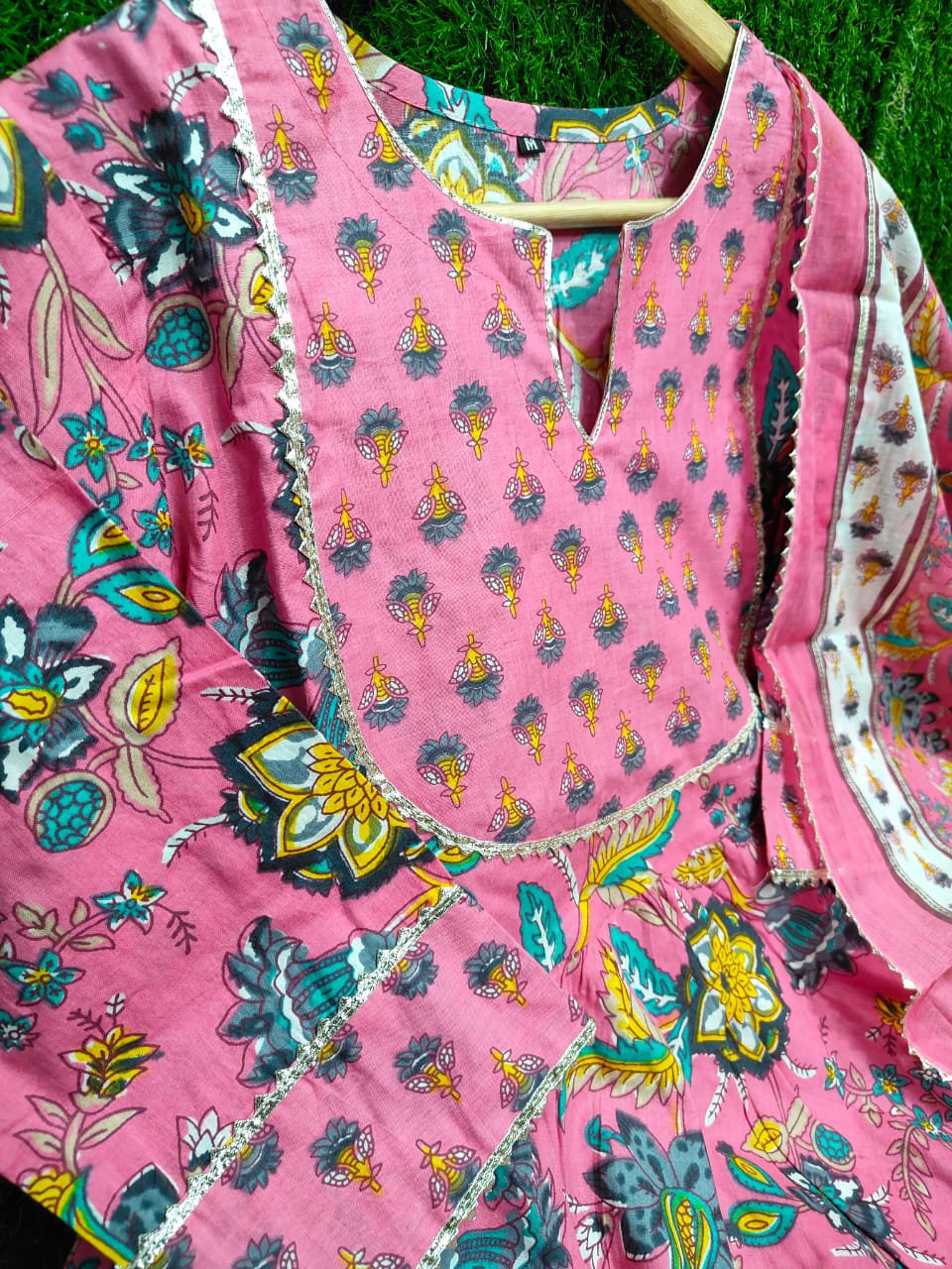 Cotton Anarkali Suit with Proceen Print, Gota Work, and Printed Dupatta