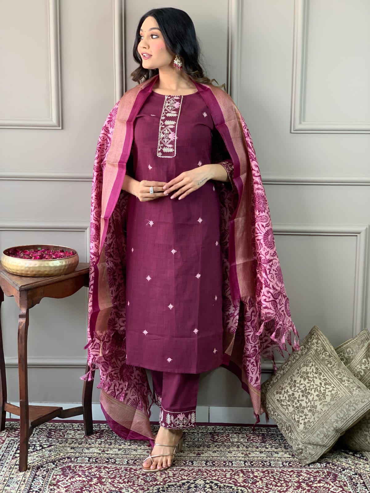 Cotton Embroidered Kurta with Lace Yoke, Pant, and Silk Dupatta Set