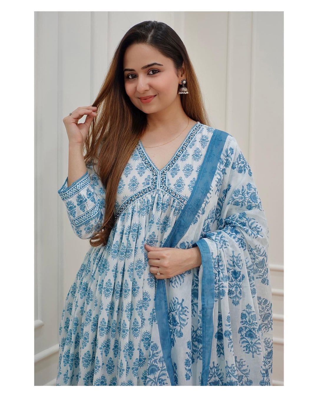 Anarkali Kurti, Pant, and Dupatta Set in 60x60 Cotton Fabric