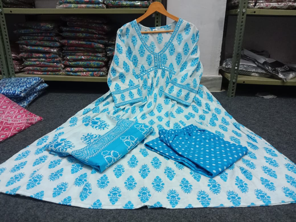 Anarkali Kurti, Pant, and Dupatta Set in 60x60 Cotton Fabric
