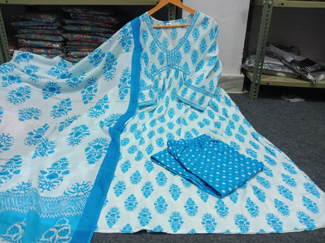 Anarkali Kurti, Pant, and Dupatta Set in 60x60 Cotton Fabric