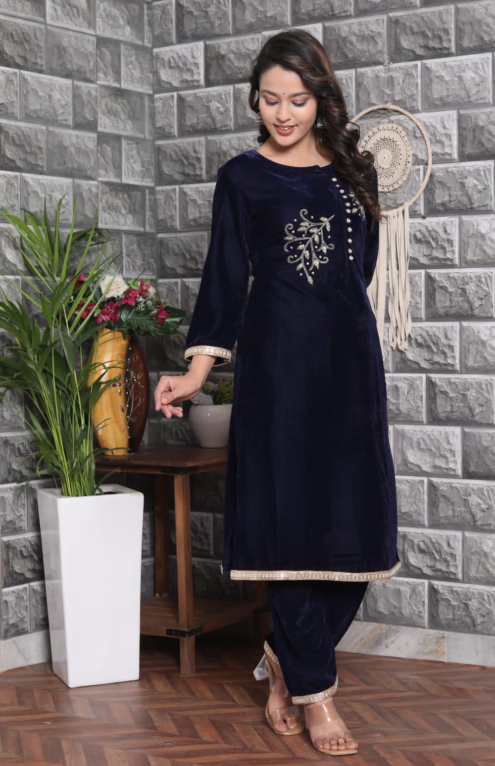 Velvet Co-ord Set with Adda Work